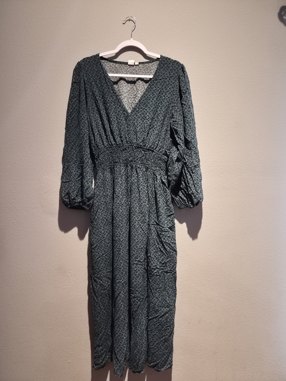 GAP Teal Patterned V-Neck Midi Dress with Smocked Waist